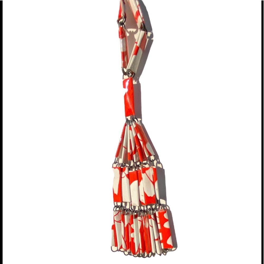 36” Handcrafted Artsy Wrapped Paperclip Necklace Shiny Orange White - Picture 2 of 8